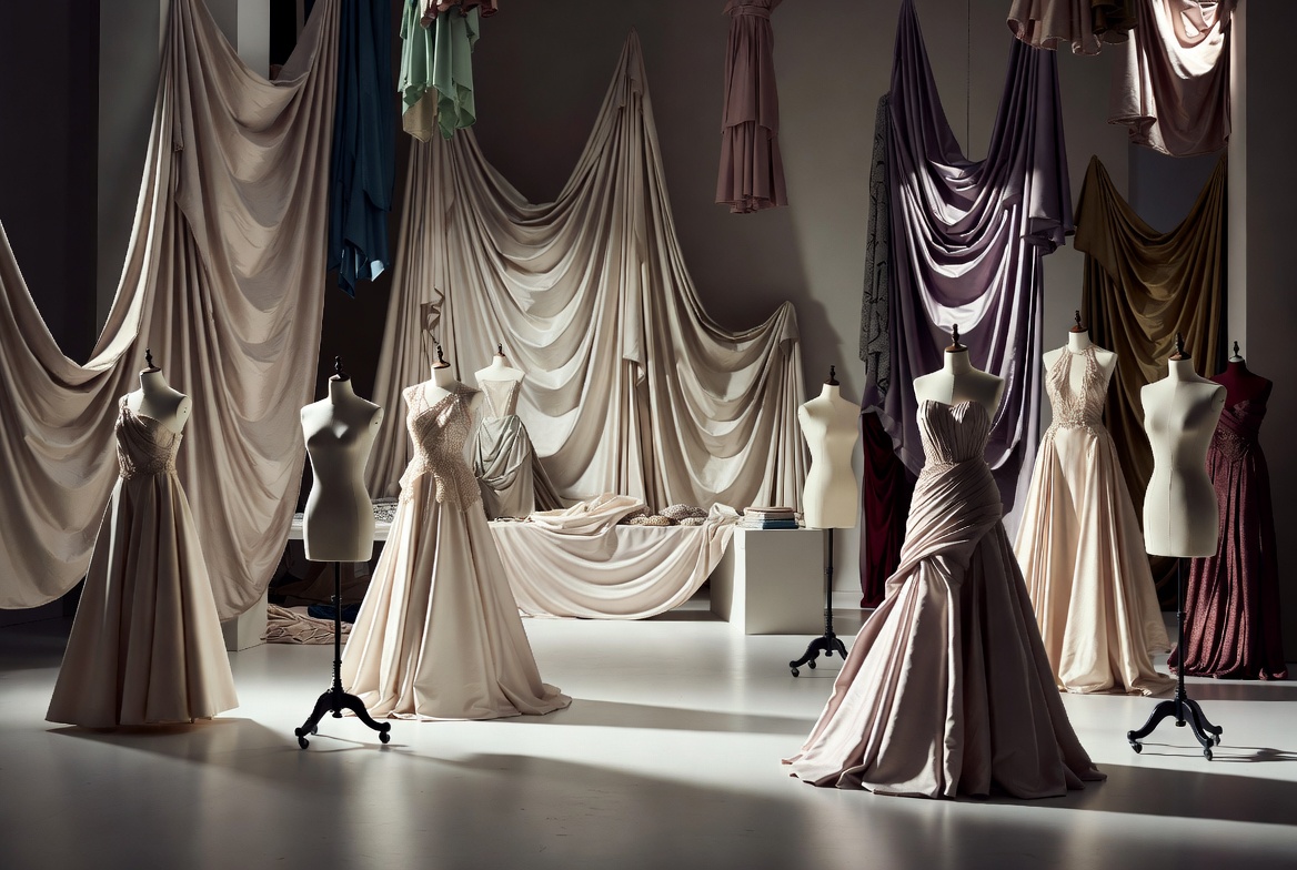 High-end couture designer atelier with exquisite bespoke gowns, draping stations, handwork tables, and couture studio insurance exposure