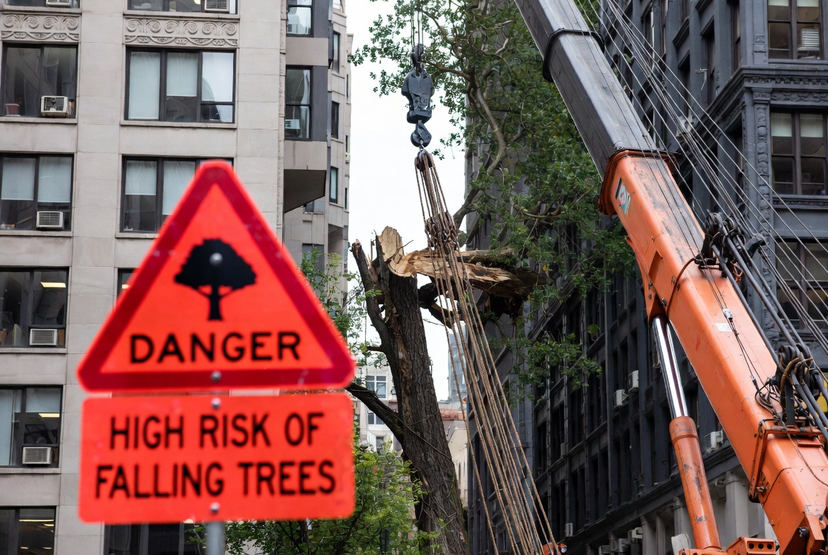 High-risk tree removal with crane and rigging in urban space - Kelly Insurance Group