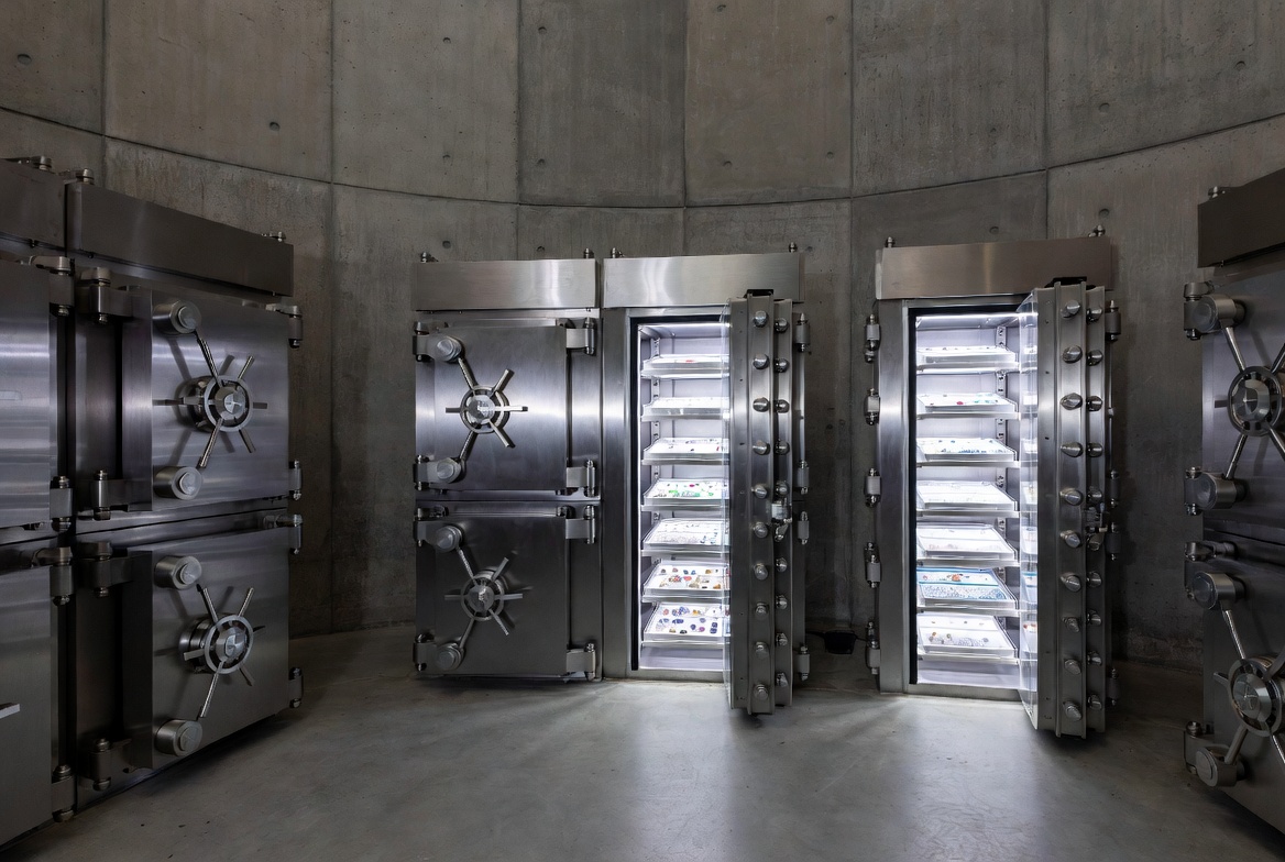 High-security diamond vault interior with reinforced safes and organized stone storage compartments inside an UL-rated jeweler vault