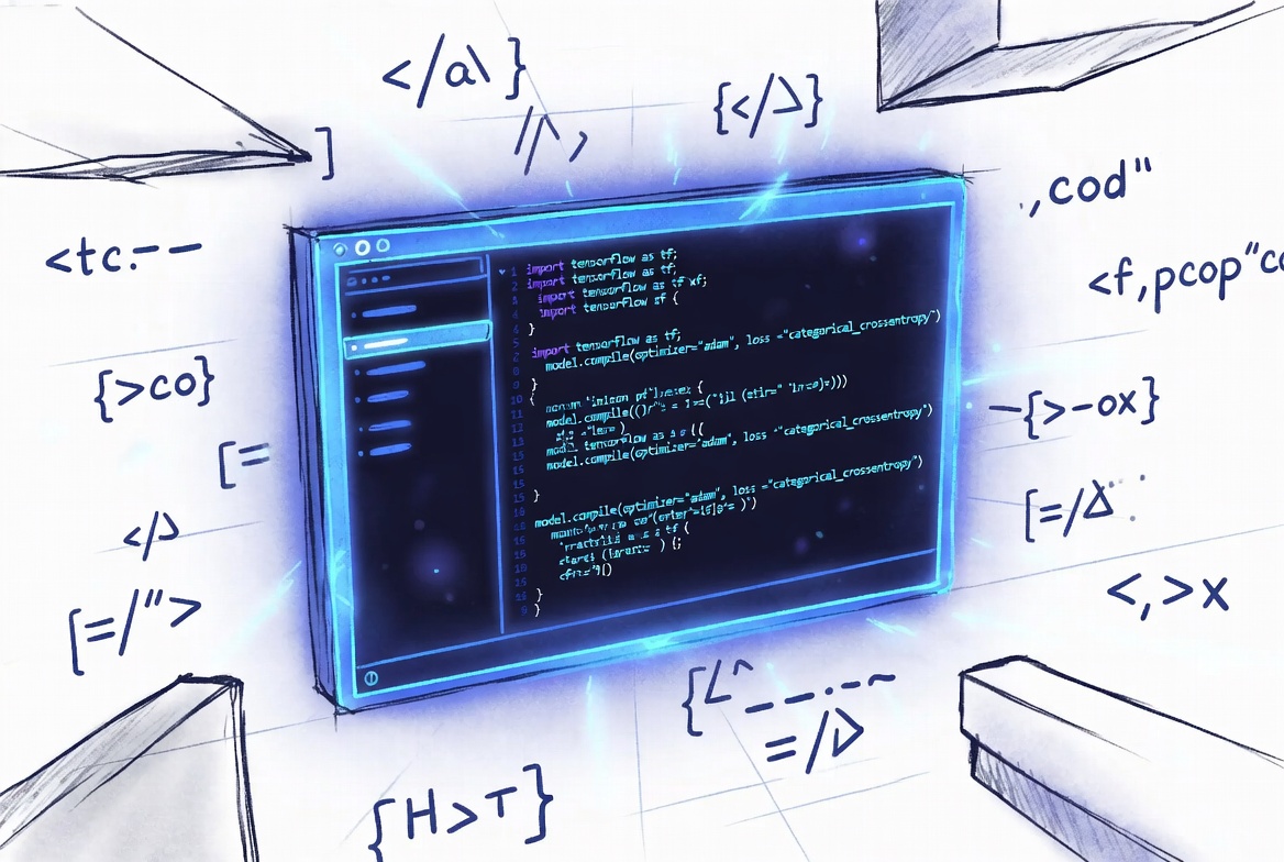 Holographic floating AI code-generation screen with digital effects