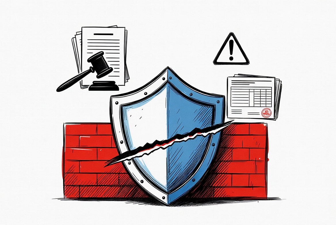 Illustrated action over insurance exclusions concept with shield and red X barrier