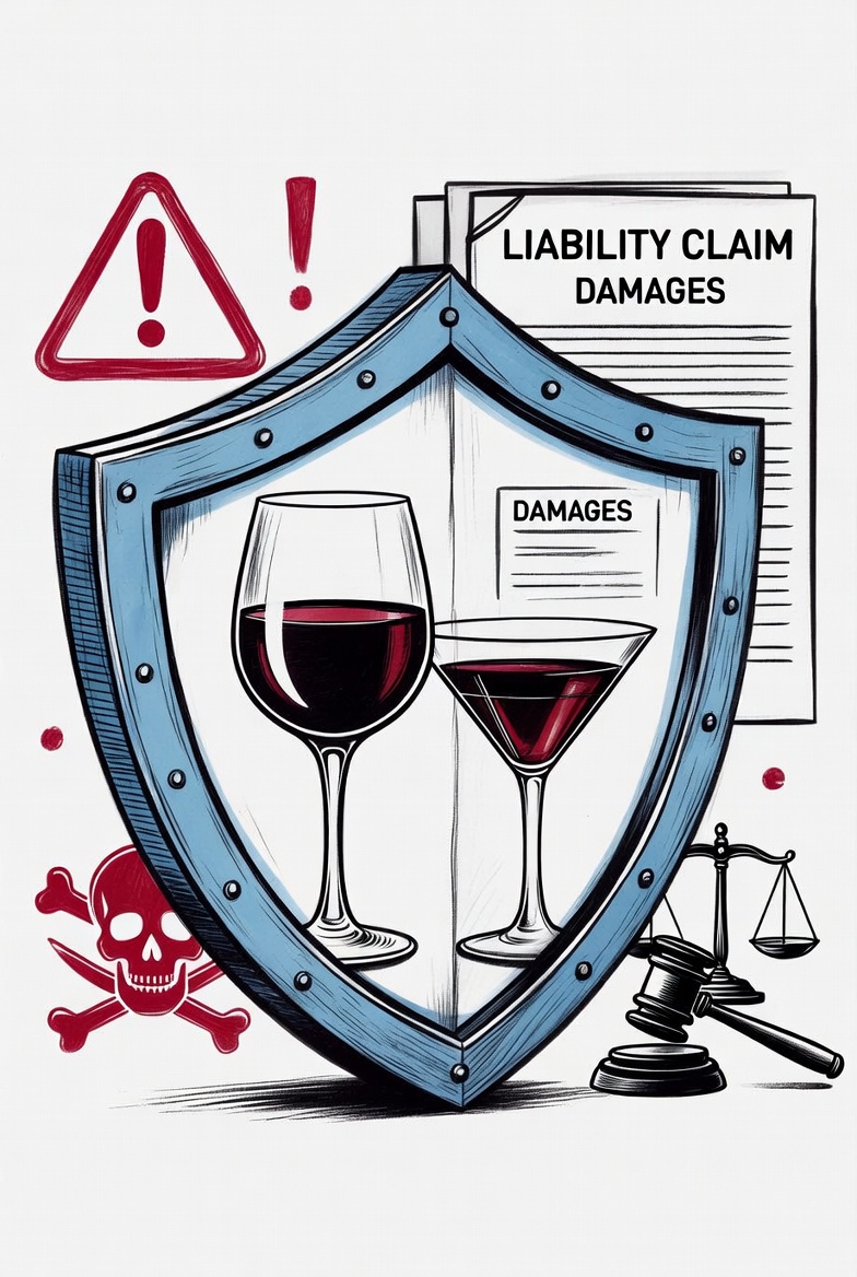 Illustrated liquor liability insurance shield protecting wine glass and cocktail