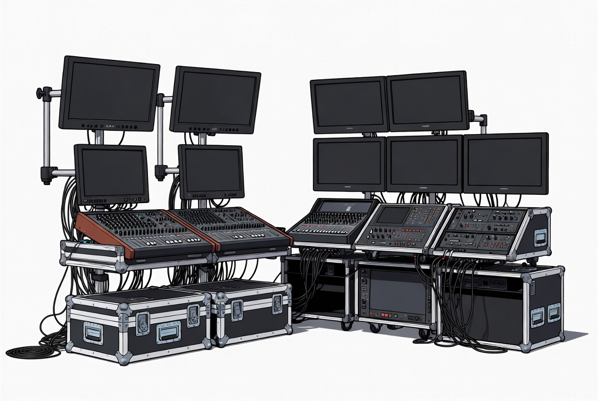 Illustrated short term production control center with monitors and gear