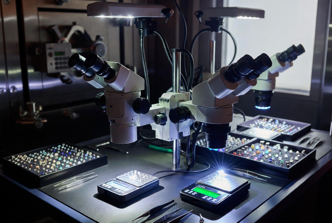 Imported jewelry inventory quality control inspection station with magnifiers and gem testing equipment for imported jewelry insurance