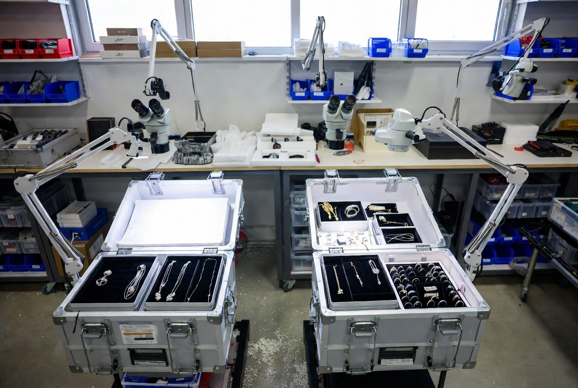 Imported jewelry receiving dock with open crates, inspection tools, and tracking systems for imported jewelry inventory insurance