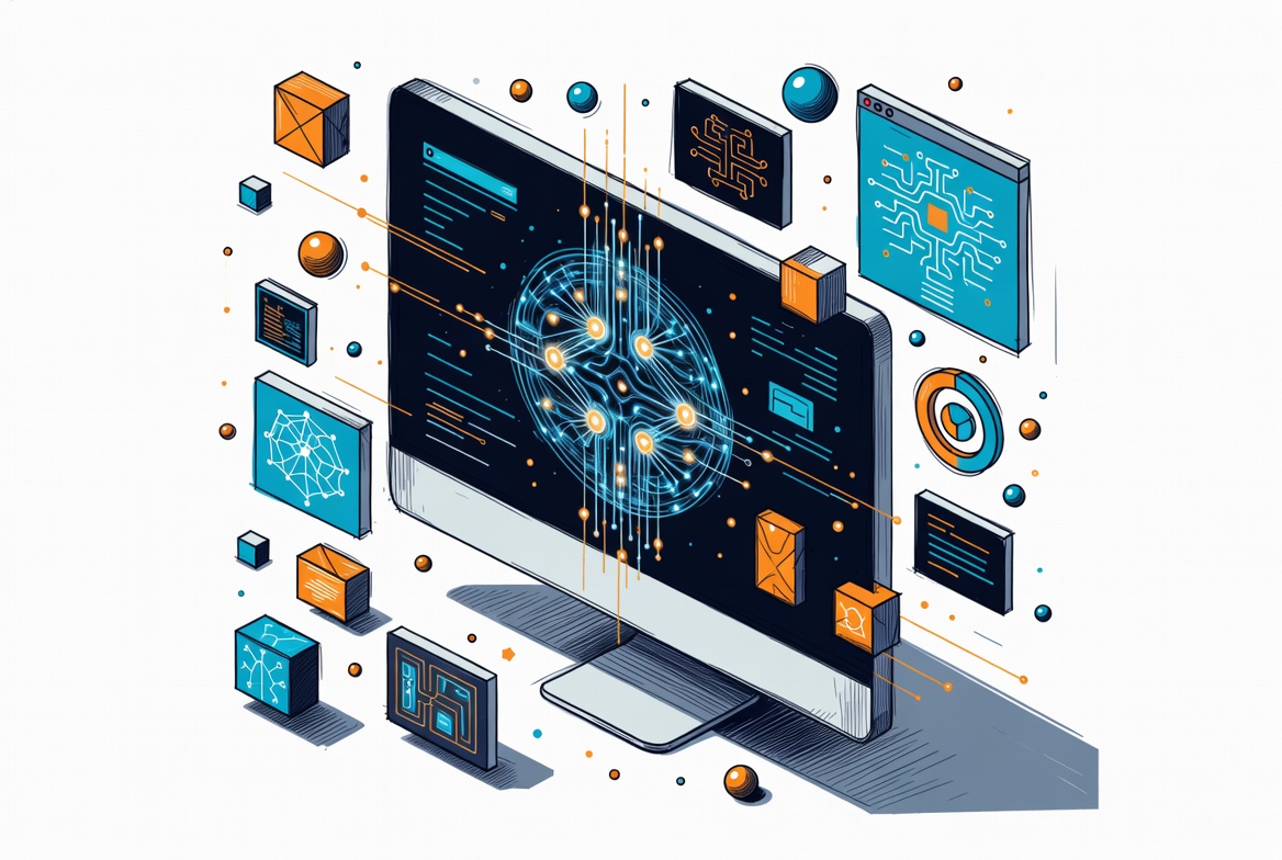 Isometric 3D generative AI coding monitor with surrounding data elements