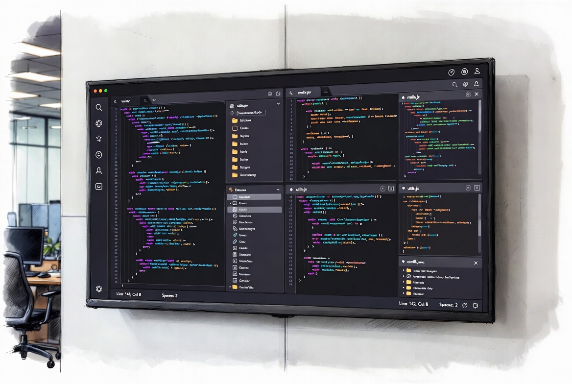 Large wall-mounted generative AI coding monitor in a modern tech office