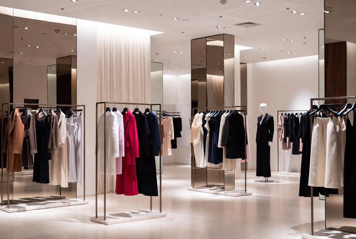 Luxury fashion boutique interior with high-end clothing on rolling racks and product displays — representative of the retail flagship layer of a fashion house insurance program
