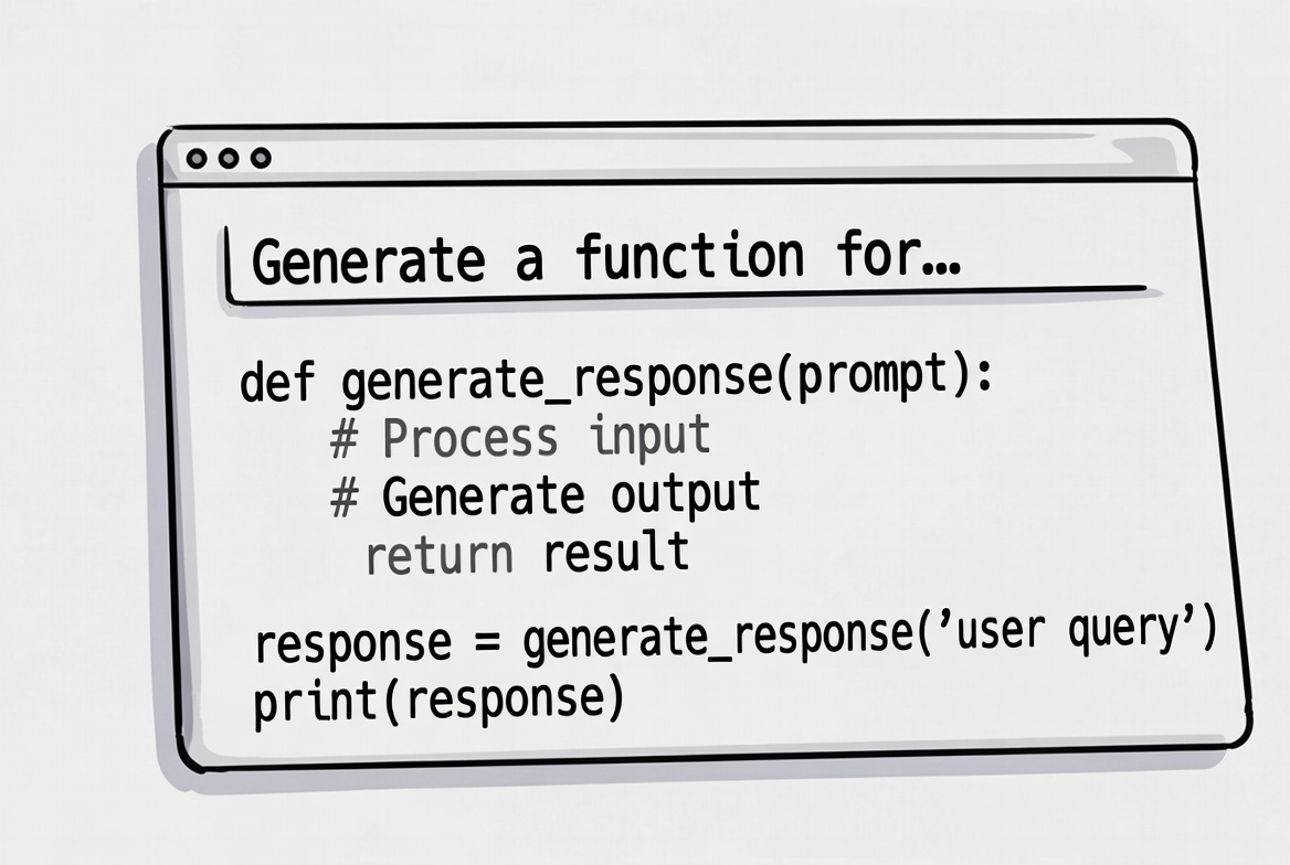 Minimalist AI screen with a clean prompt box producing rapid generated output