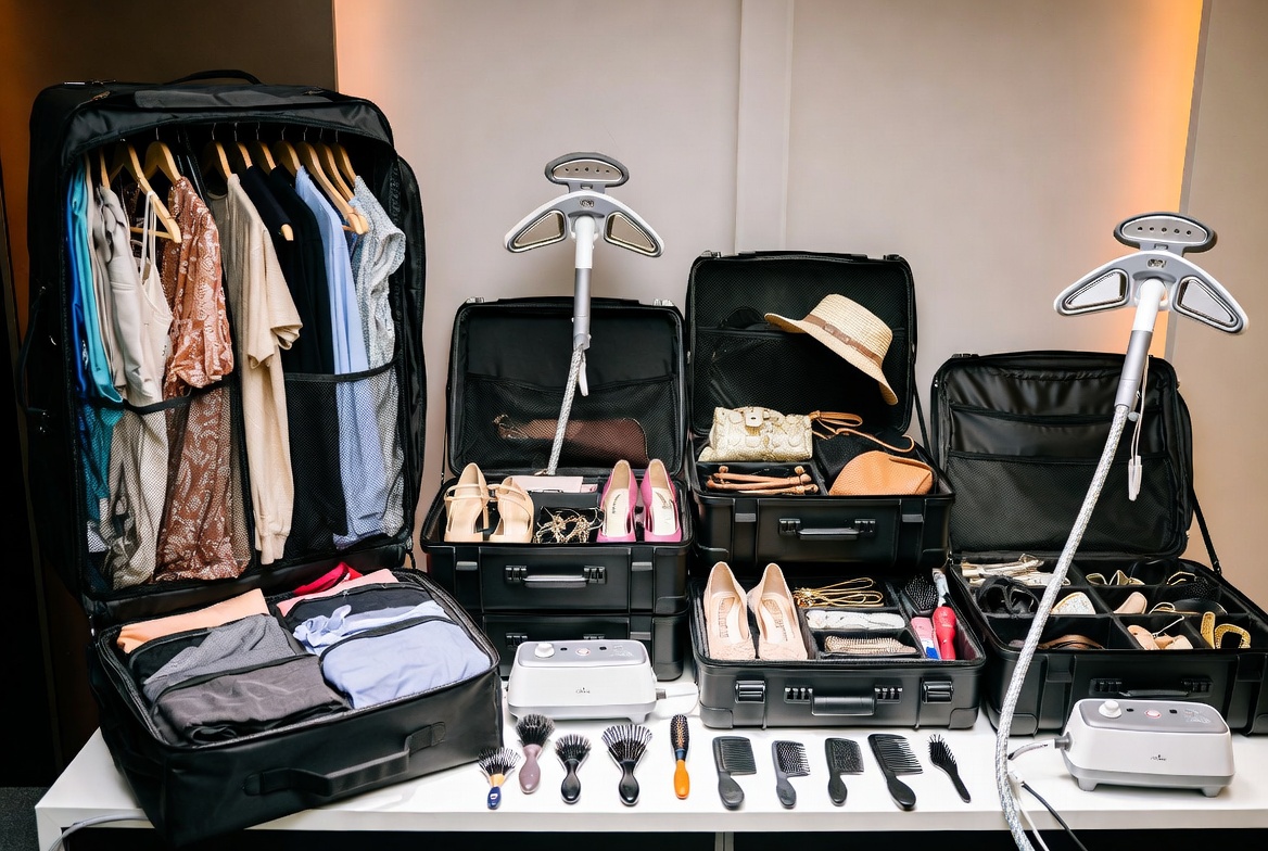 Mobile fashion stylist kit setup with garment bags, accessories cases, portable organization, and professional steamer for on-location styling