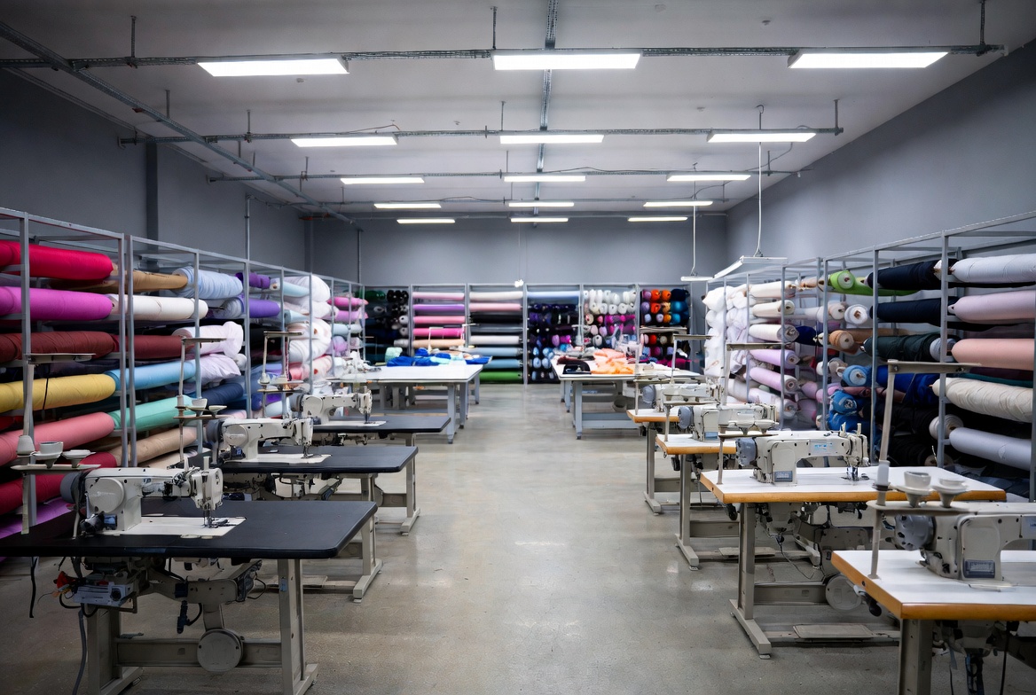 Modern apparel manufacturing facility production floor with industrial sewing machines and bolts of fabric staged for cutting