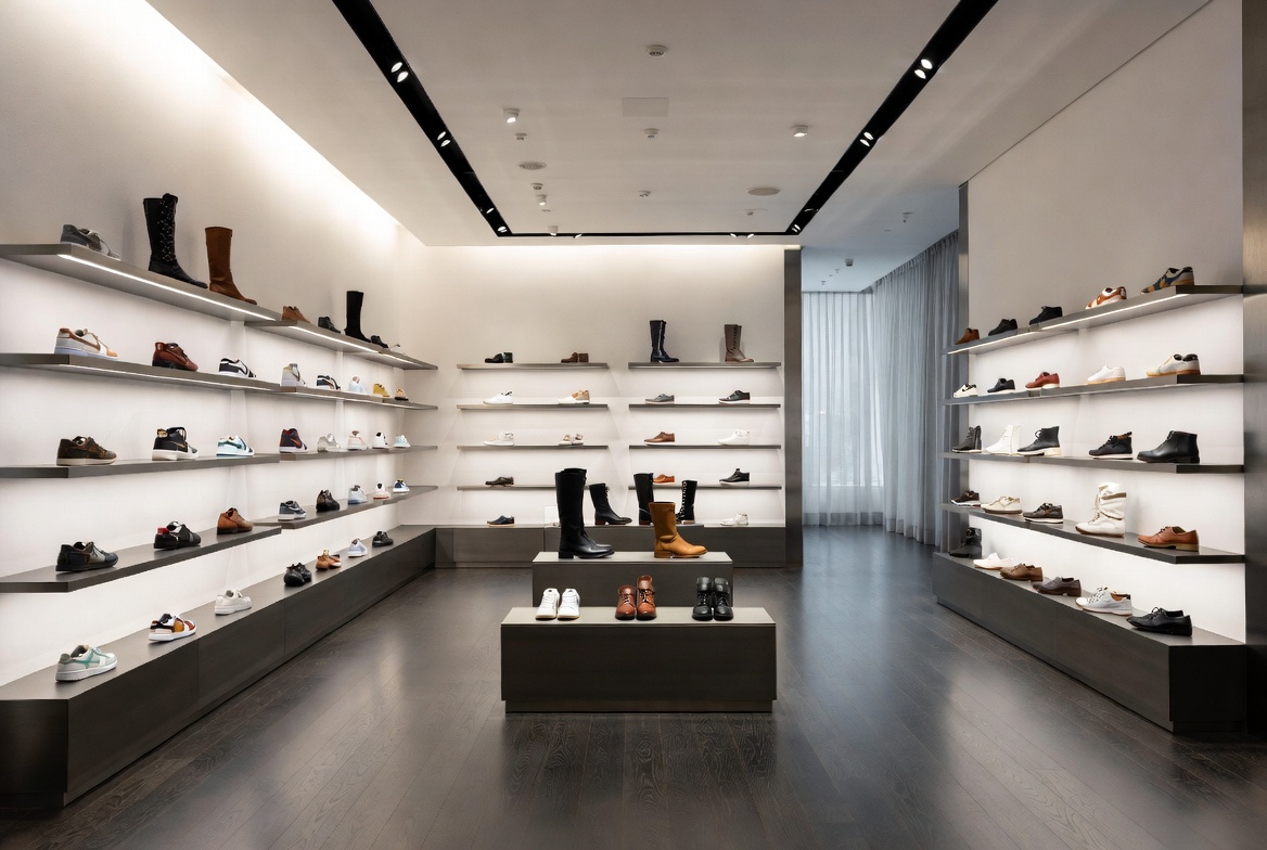 Modern footwear brand retail display with stylish shoe collections and minimalist shelving