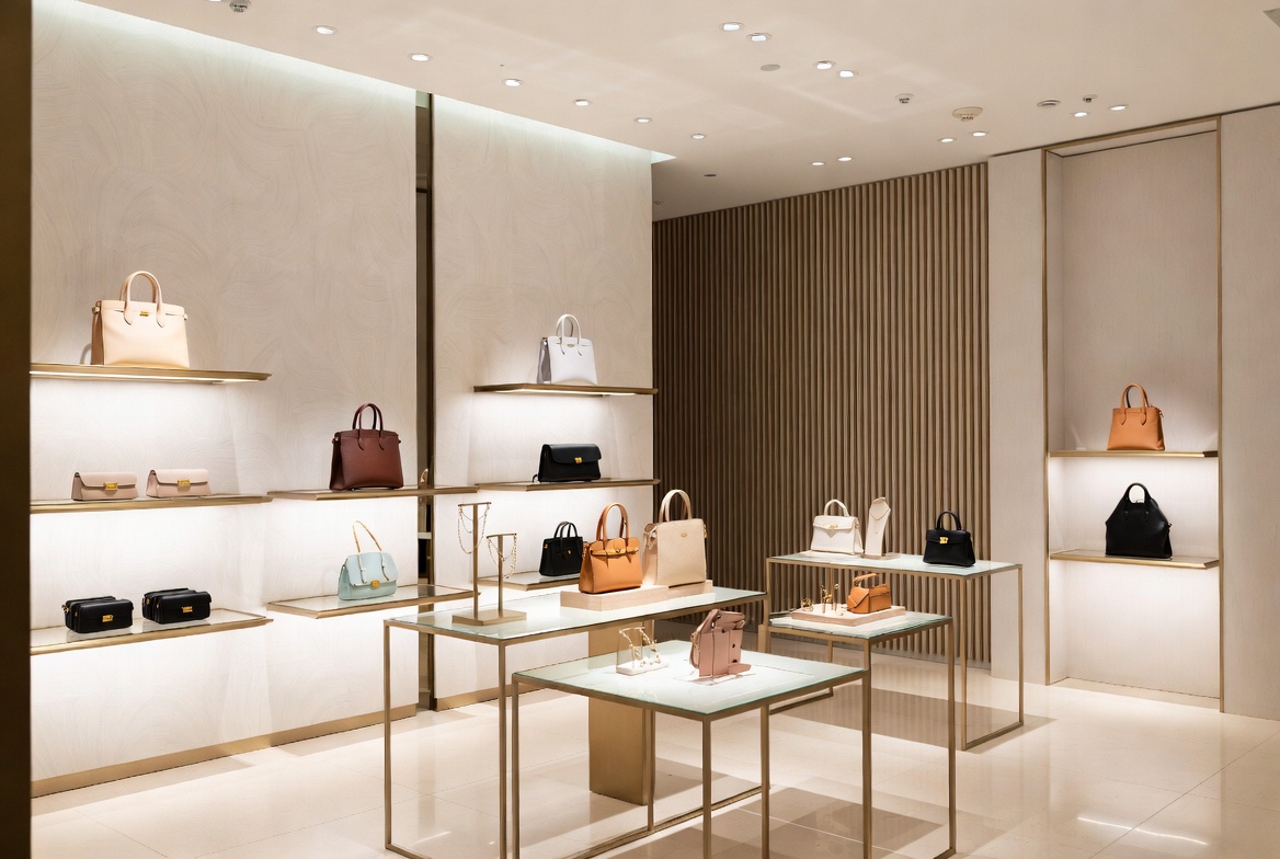Modern handbag and accessories brand flagship store display with luxury bags and shelves