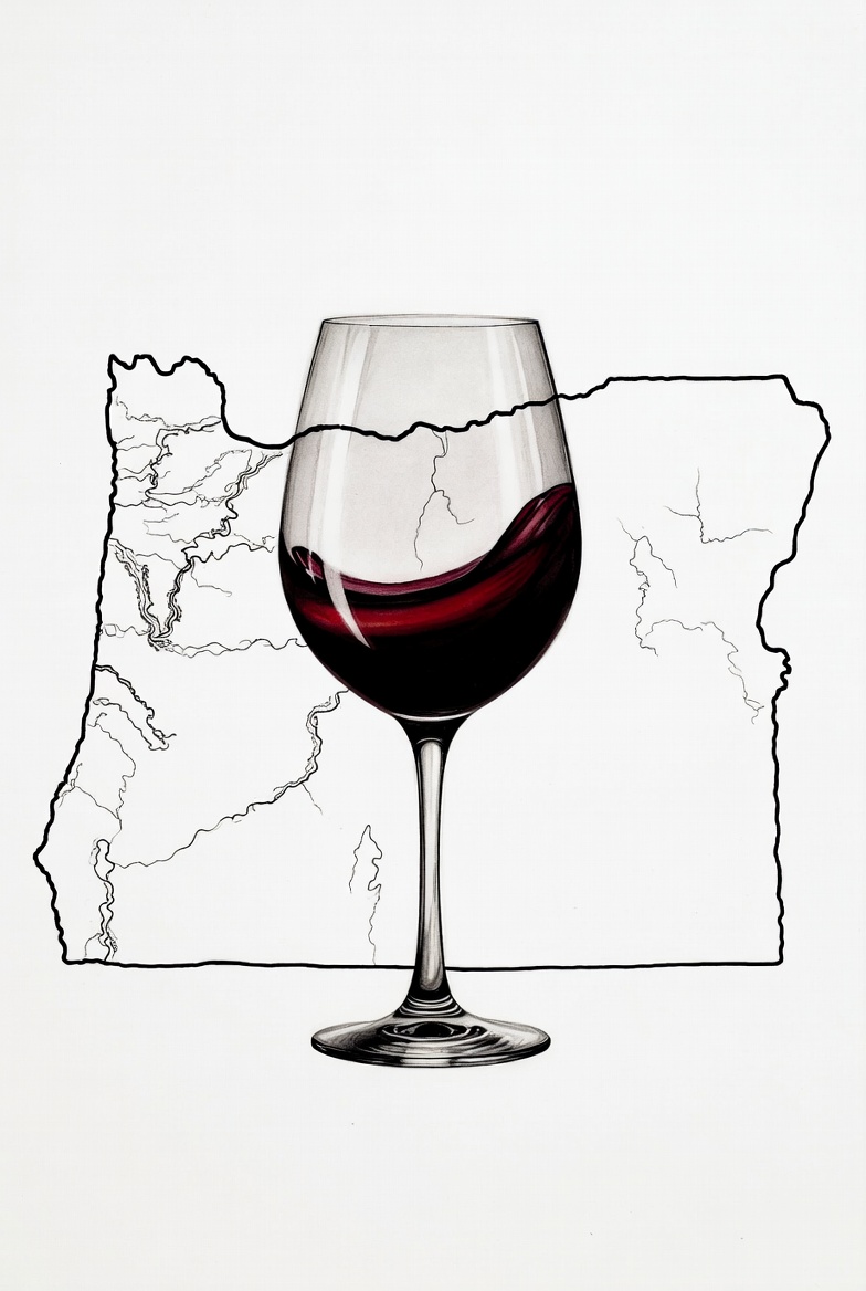 Oregon state map outline with elegant wine glass for Oregon liquor liability insurance
