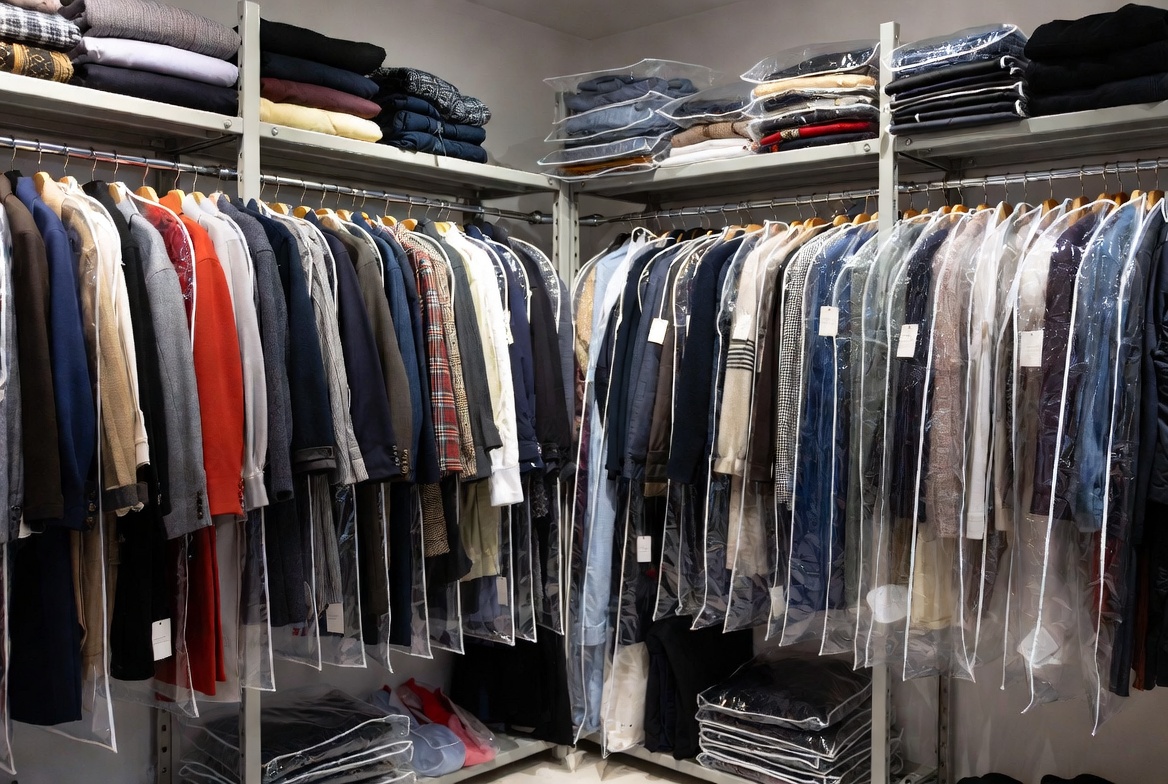 Organized sample garment storage room with seasonal prototypes and hanging collections for sample garment insurance
