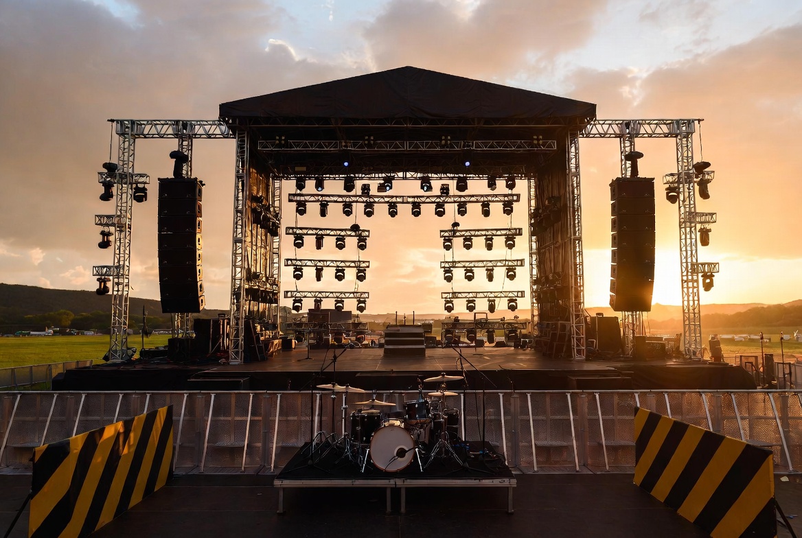 Outdoor music festival main stage with crowd barriers and professional concert lighting representing a large-scale ticketed live music event