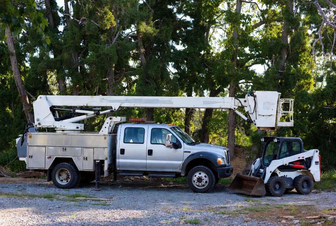 Bucket truck, boom lift, and skid steer loader at a tree service job site - Kelly Insurance Group inland marine insurance