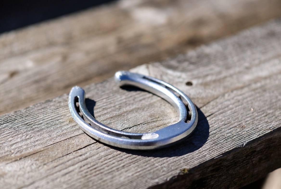 Close-up of a polished steel horseshoe on a wooden surface representing finished hoof care work performed by a professional farrier