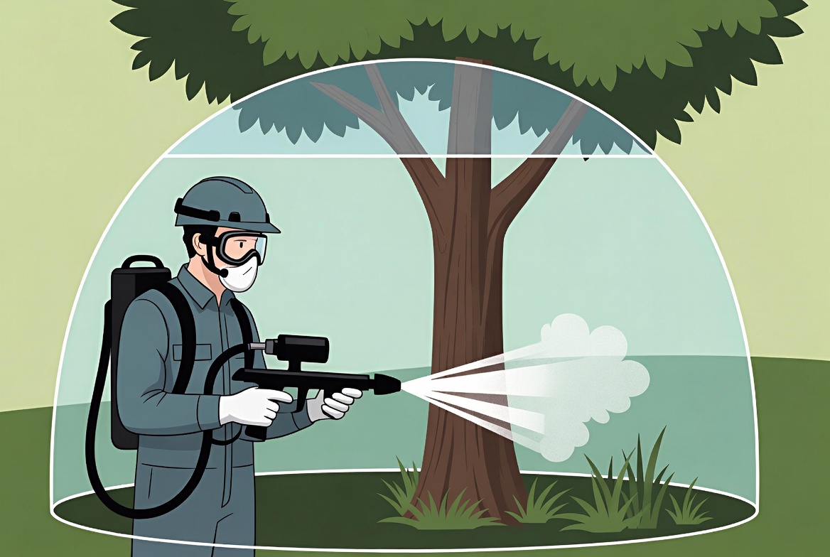Pollution liability tree service - arborist spraying pesticide with containment shield - Kelly Insurance Group