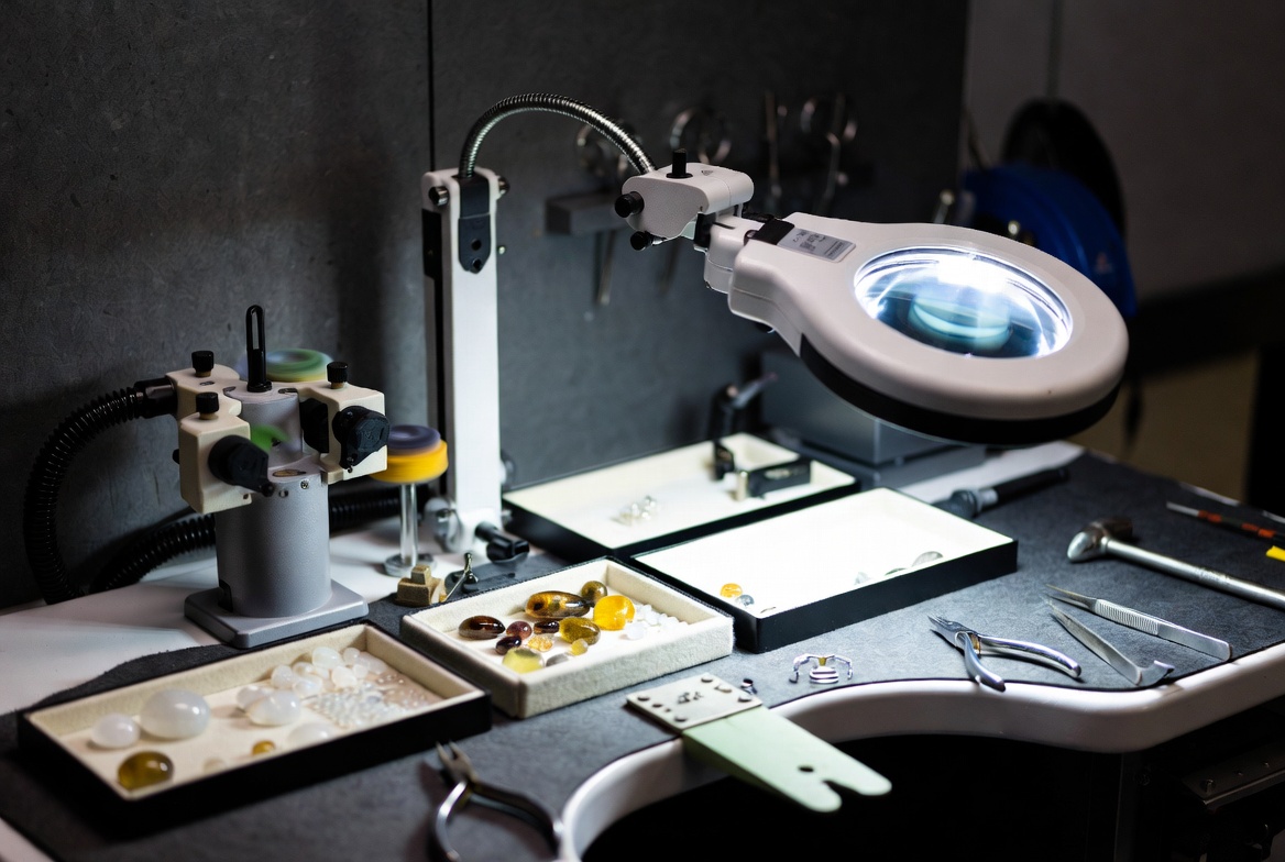 Precision fine jewelry manufacturing workshop with bench tools and gemstone setting equipment for fine jewelry manufacturer insurance