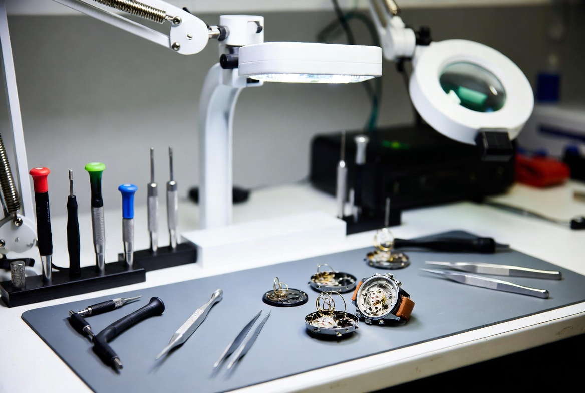 Precision horological tools on workbench