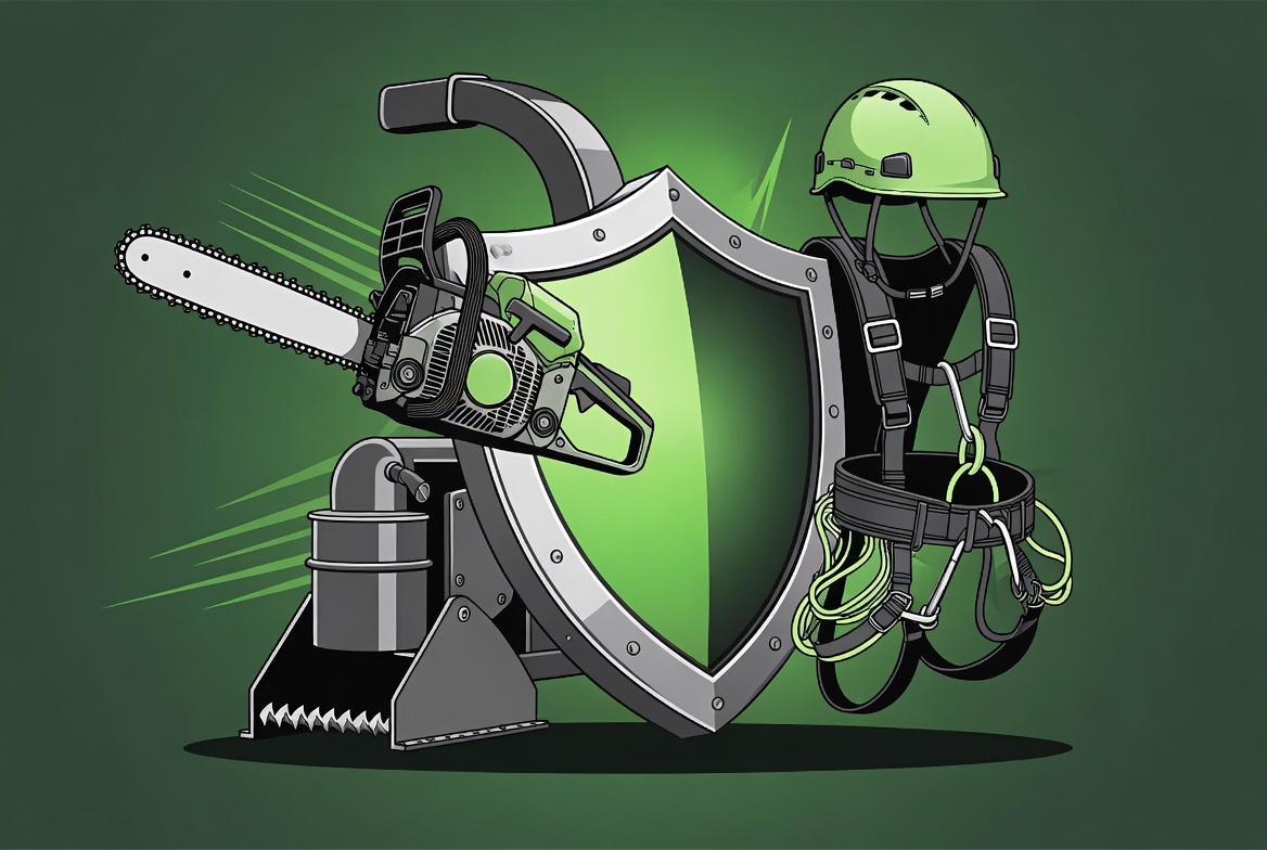 Conceptual tree equipment insurance metallic shield protecting chainsaw, stump grinder, chipper and harness - Kelly Insurance Group
