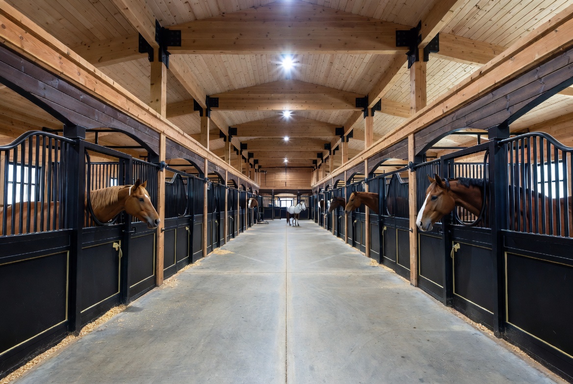 Premium horse boarding barn interior with polished concrete aisle and finished box stalls representing a commercial boarding and training stable operation