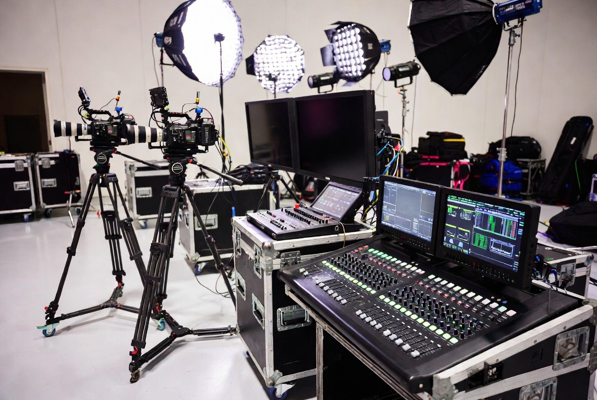 Professional AV audio visual equipment rental setup with cameras monitors lighting kits and production gear