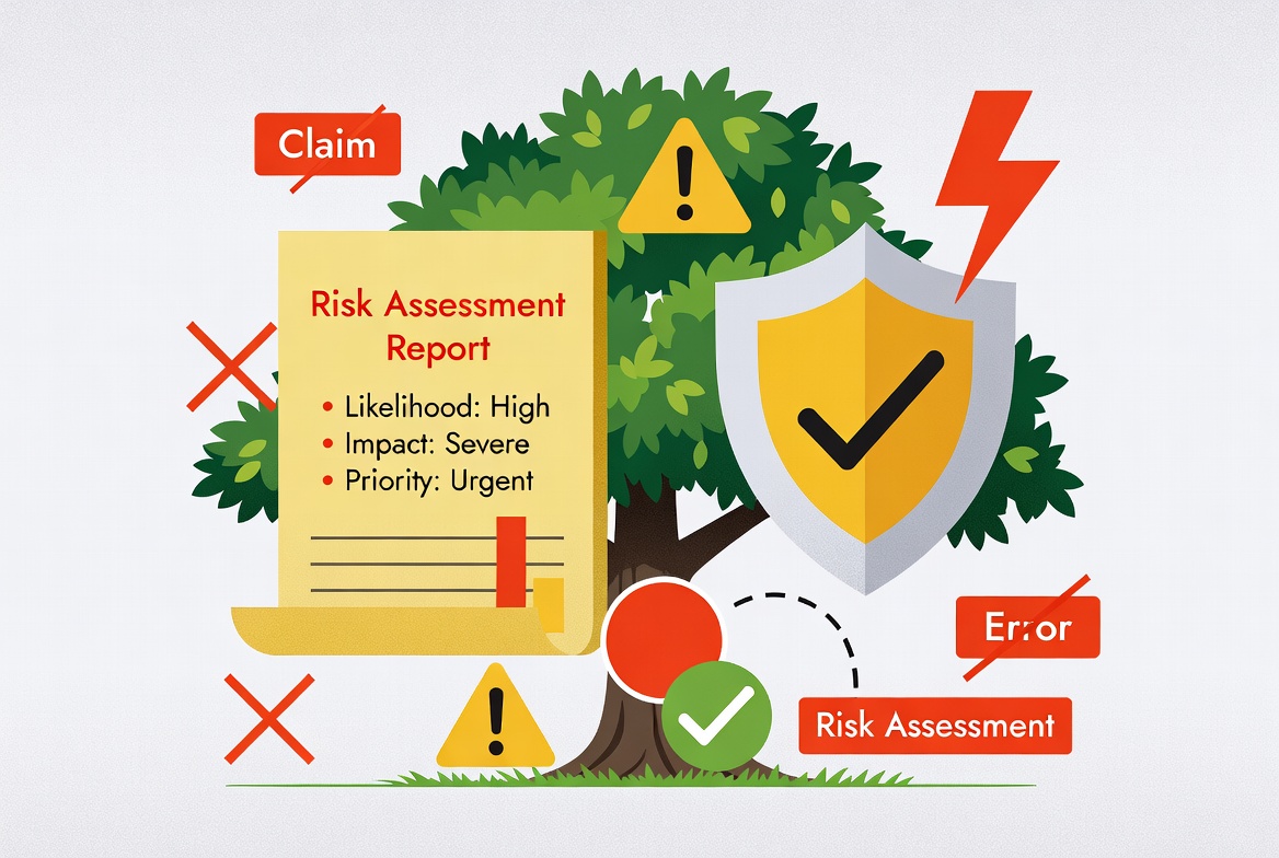 Professional liability for arborists showing hazard tree assessment markings and protective insurance shield