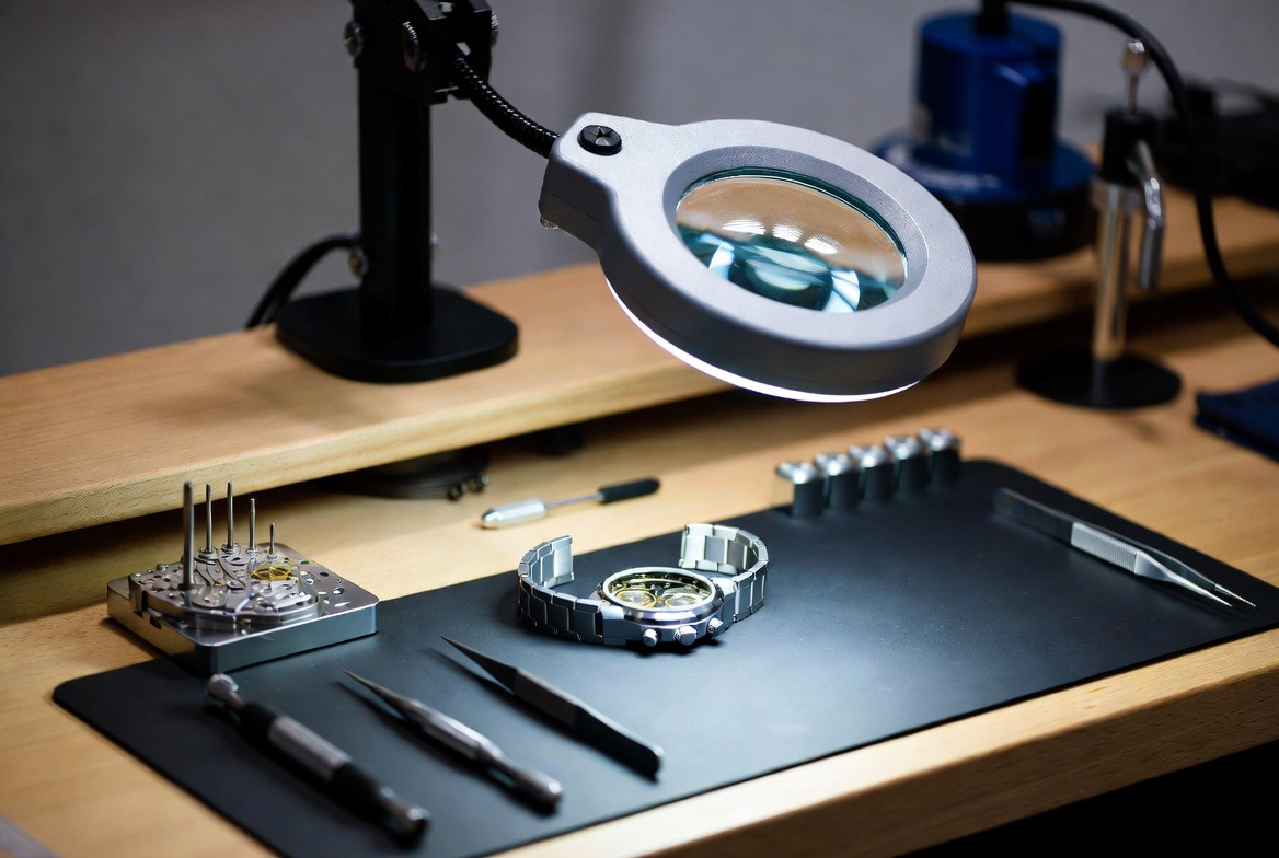 Professional watchmaker bench with precision tools and luxury timepiece repair setup for watch dealer and timepiece insurance