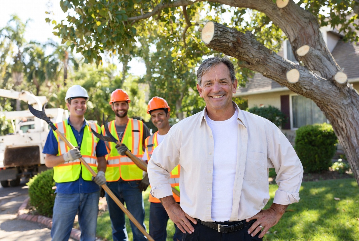 Satisfied homeowner with insured tree service arborist crew after safe tree trimming job - Kelly Insurance Group