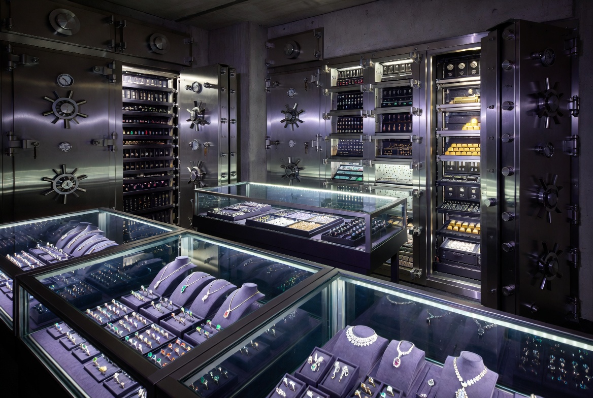 Secure fine jewelry vault with finished pieces and precious metal storage safes for fine jewelry manufacturer insurance