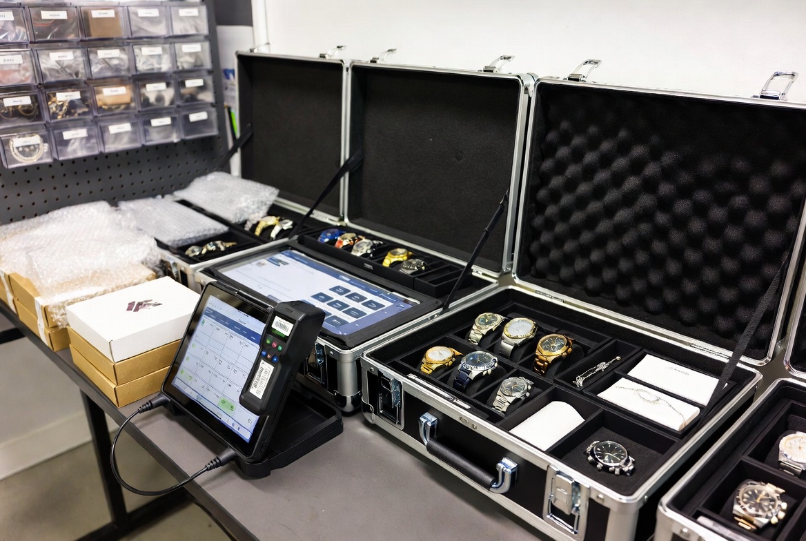 Secure jewelry and watch rental transport cases at an inventory management station