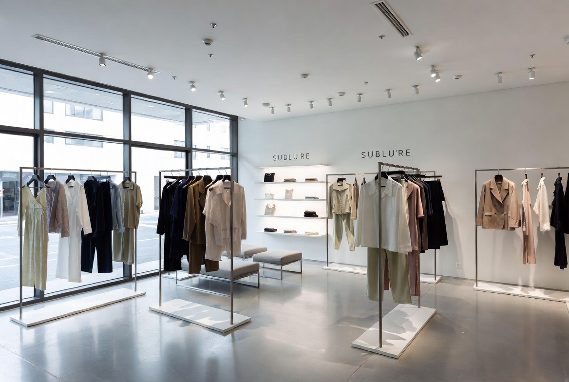 Sophisticated fashion showroom interior with designer collection displays, buyer seating areas, and curated presentation environment for wholesale buyers