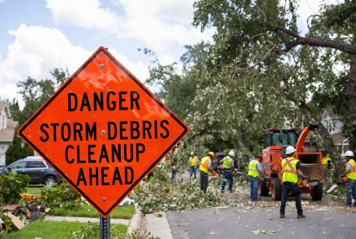 Storm cleanup tree service insurance danger storm debris cleanup sign with street clearance