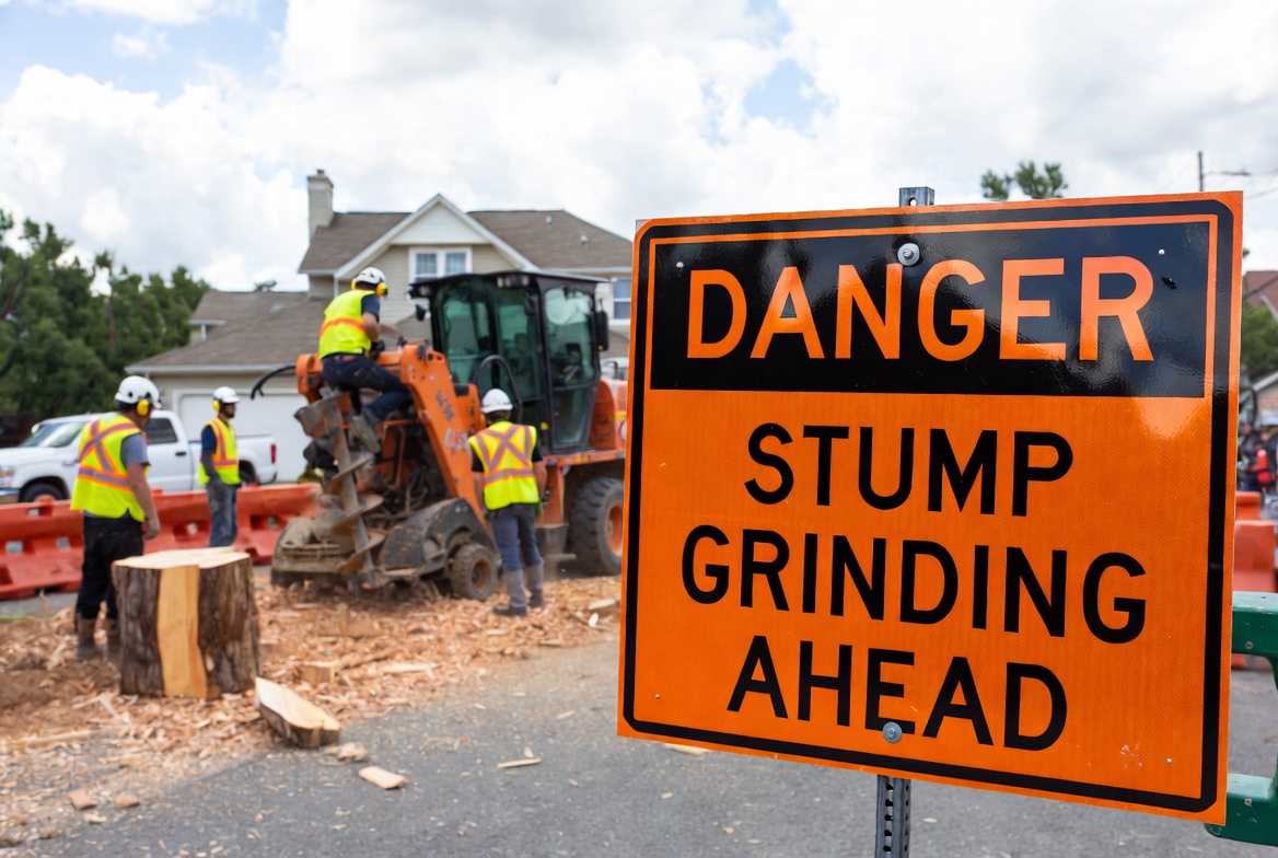Stump grinding insurance danger stump grinding ahead sign with crew near driveway