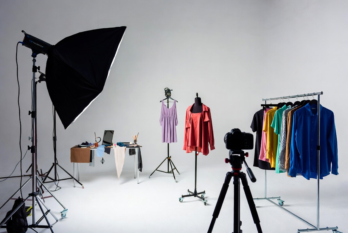 Fashion e-commerce product photography studio setup with apparel on rolling racks and lighting equipment for catalog shoot