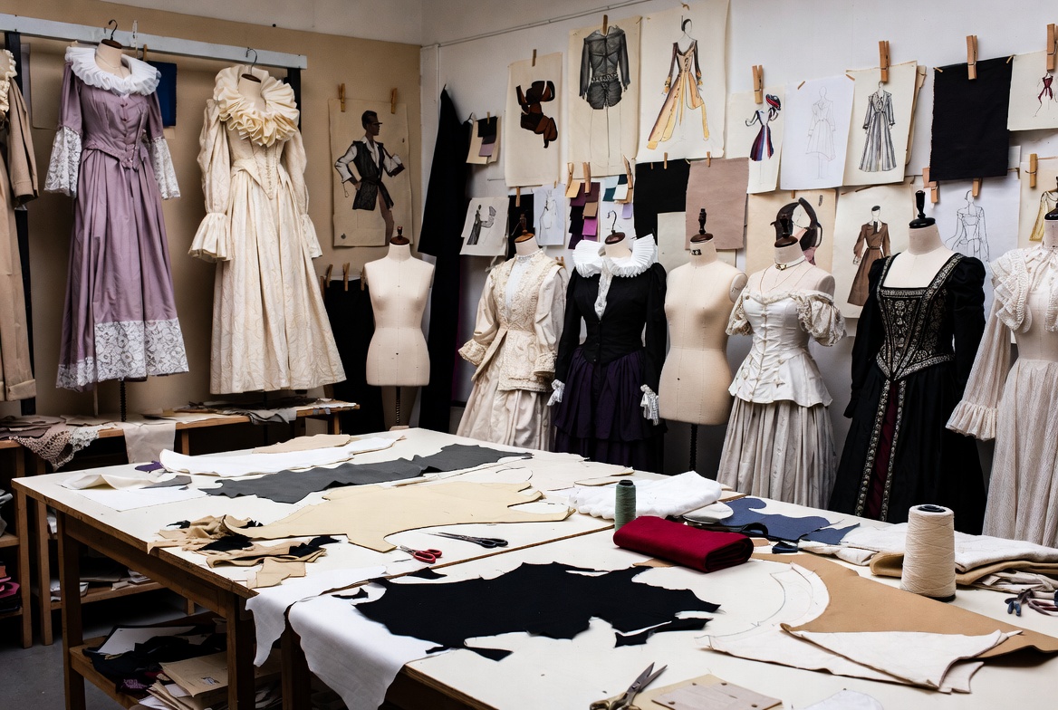 Theatrical costume designer studio with elaborate period garments, sketch tables, costume development work, and wardrobe production tools