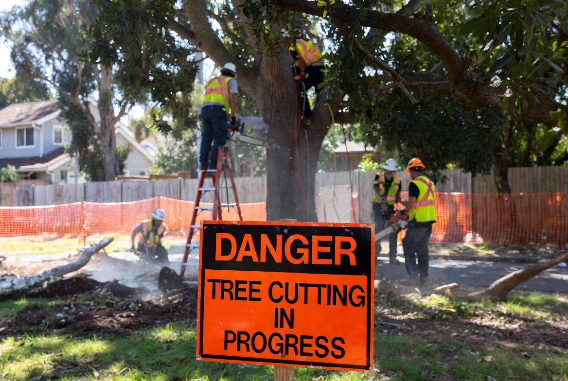 Danger tree cutting in progress sign with workers near houses - Kelly Insurance Group