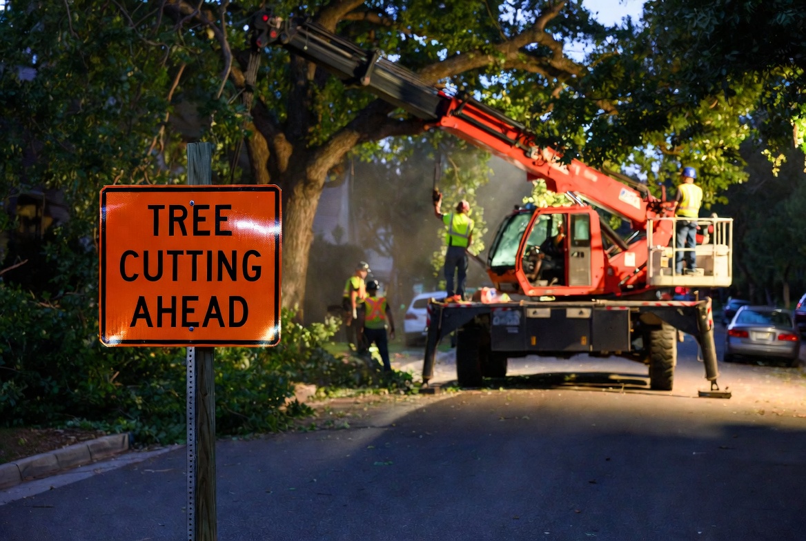 Orange tree cutting ahead sign with crane and chainsaw operation - Kelly Insurance Group