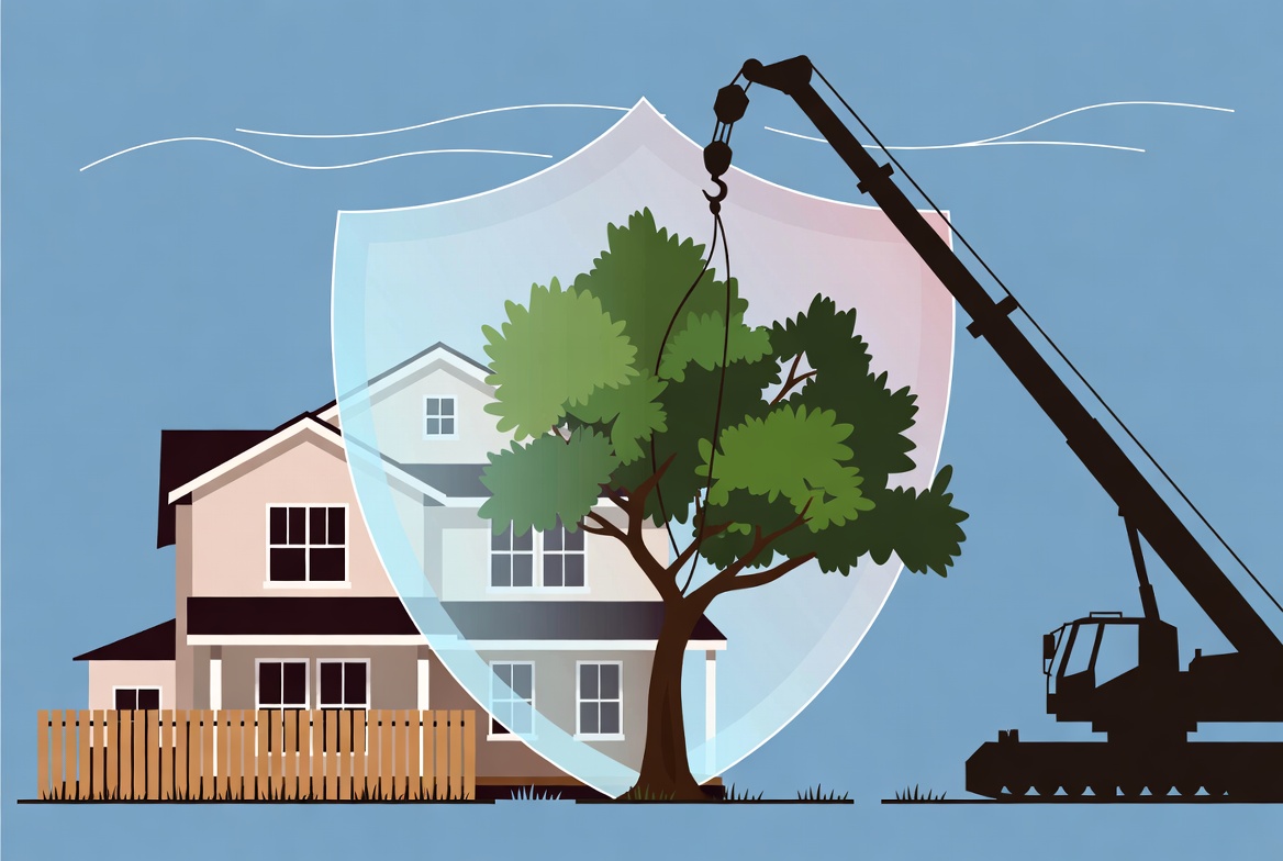 Residential tree removal near a house with protective insurance shield - Kelly Insurance Group