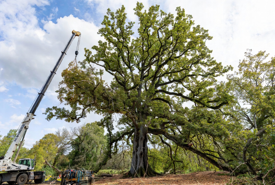 Tree service insurance crane operations with ancient oak tree and crane lifting branch
