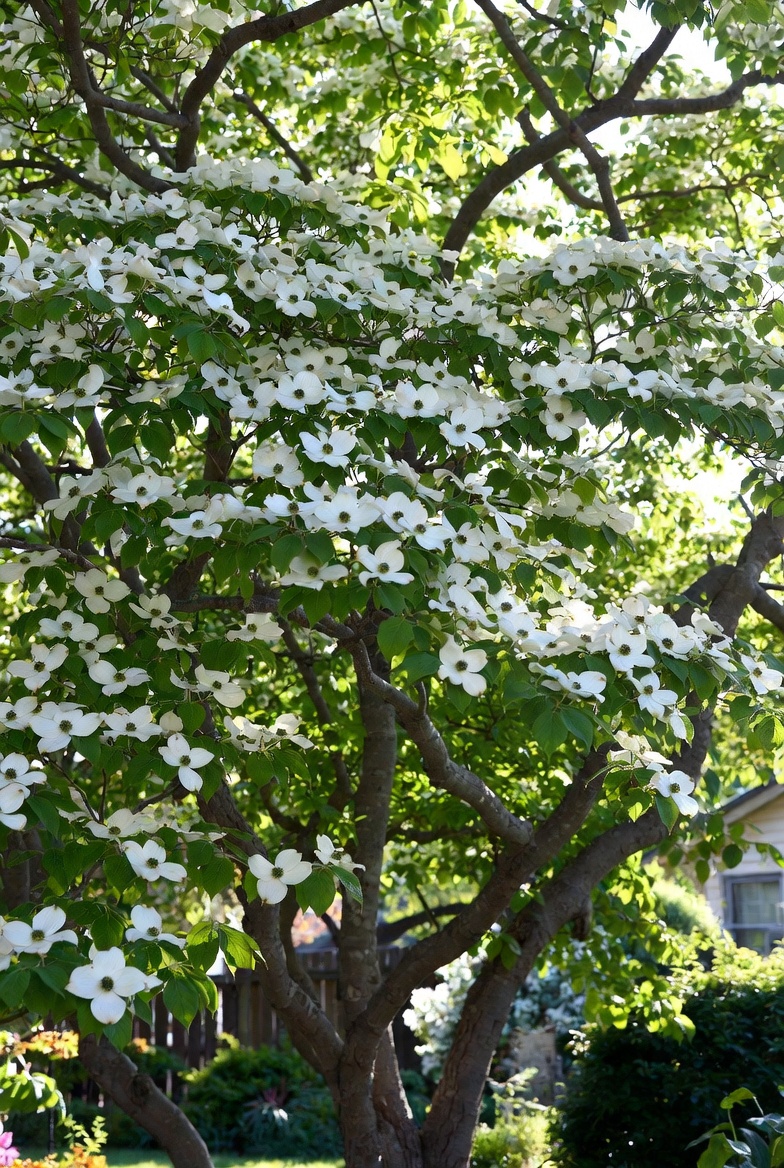 Tree service insurance for small business with mature Japanese dogwood tree with white bracts
