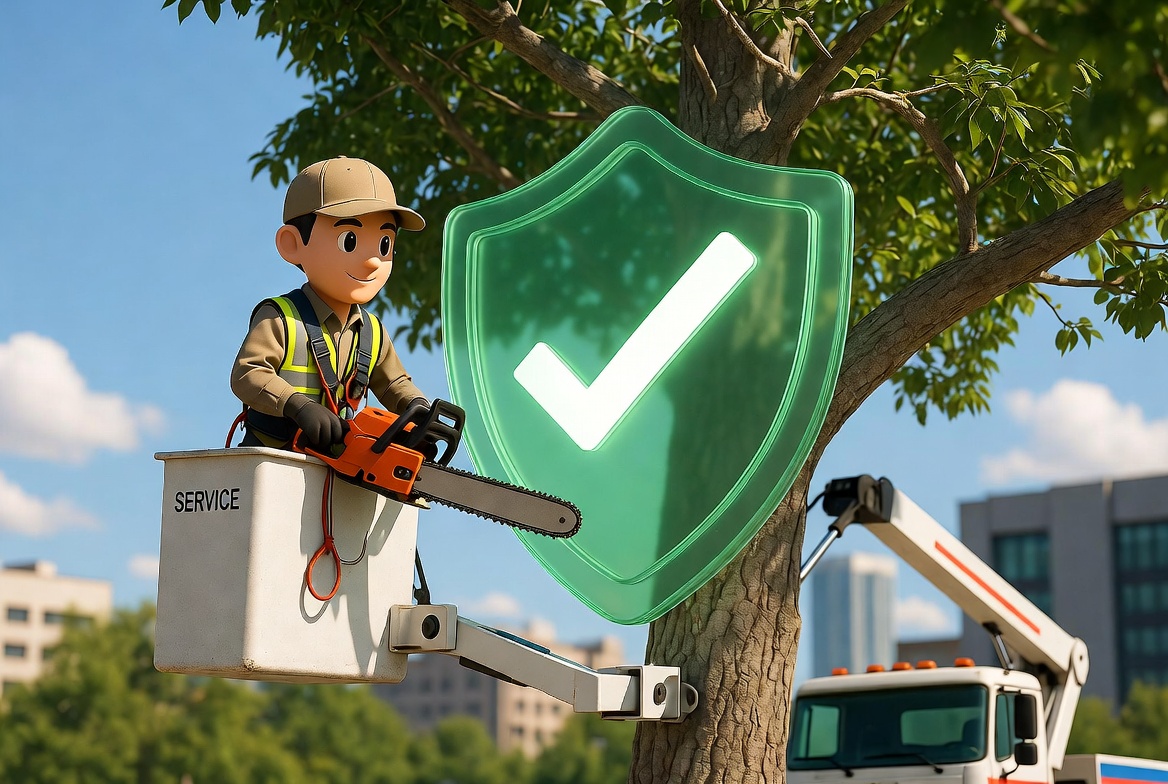 Bucket truck worker trimming high branches with insurance protective shield - Kelly Insurance Group