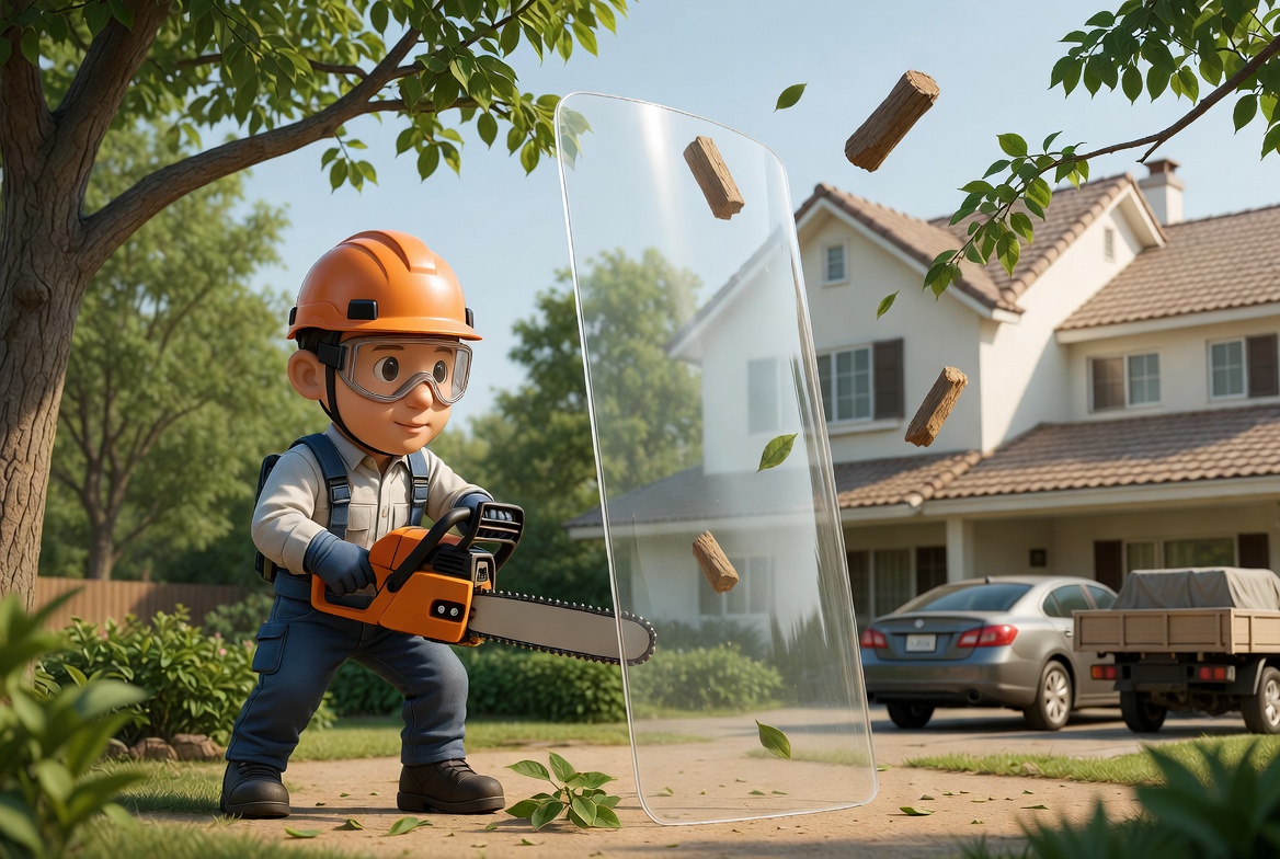 Chainsaw worker performing tree trimming near a house with insurance protective shield - Kelly Insurance Group