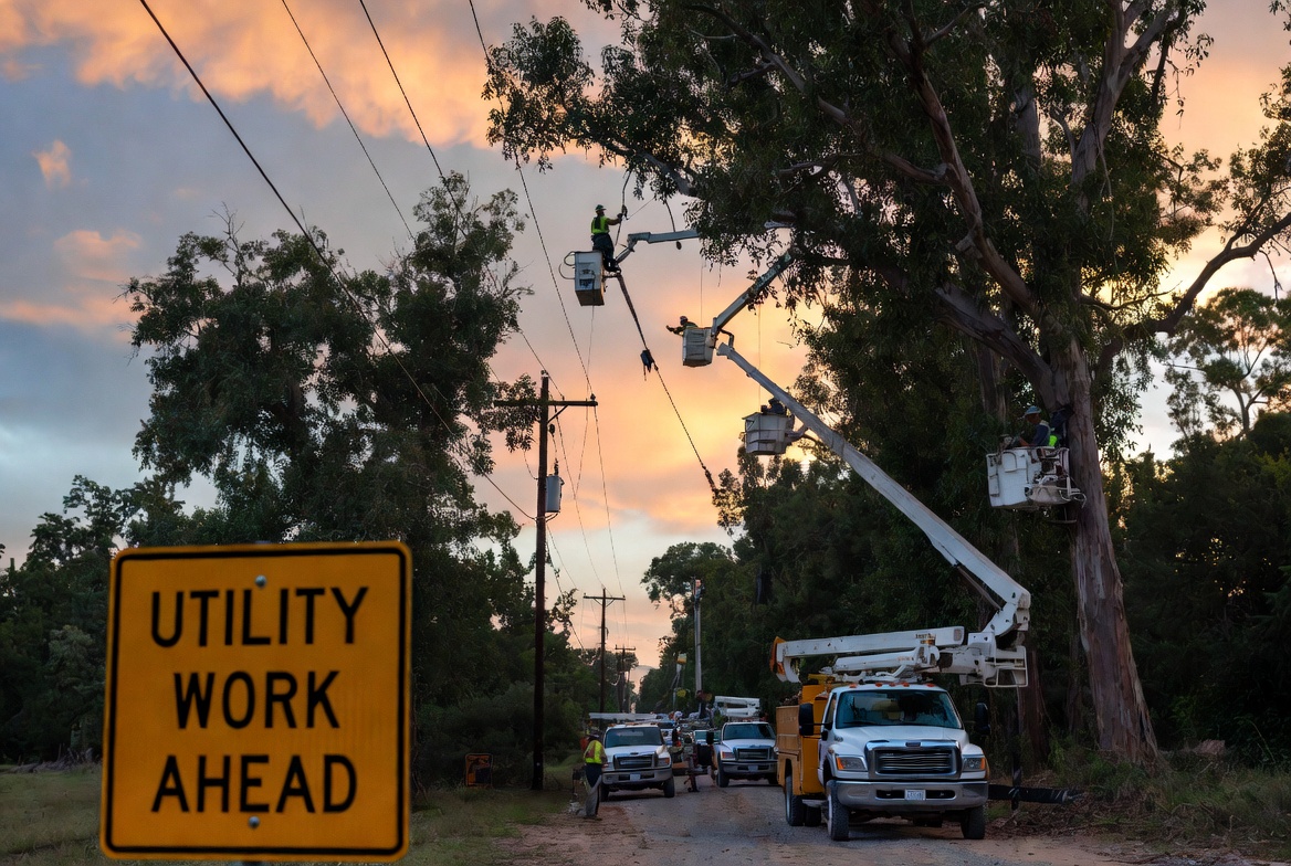 Wide shot of multiple bucket trucks performing utility line clearance work along a power corridor - Kelly Insurance Group