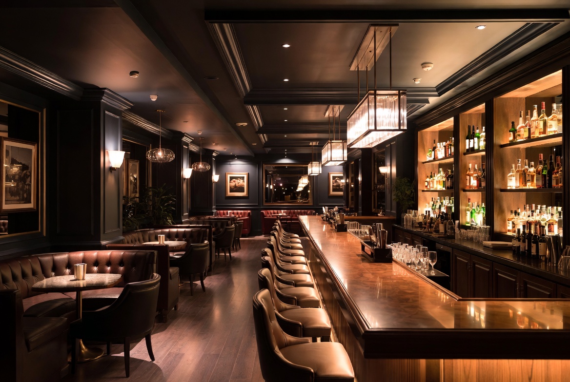 Vibrant bar and nightclub interior with polished counter liquor shelves seating areas and hospitality insurance exposure