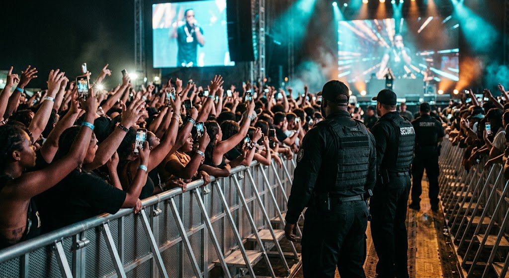 Ground-level view from the side of a crowd barrier at a hip hop concert, the front-of-stage zone where altercations and crowd-pressure incidents most often occur
