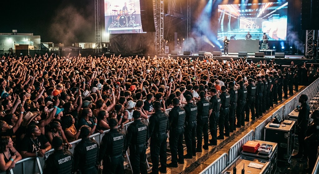 Wide shot looking across the front of a hip hop concert crowd, the high-density zone where security staffing and response decisions shape negligent security exposure