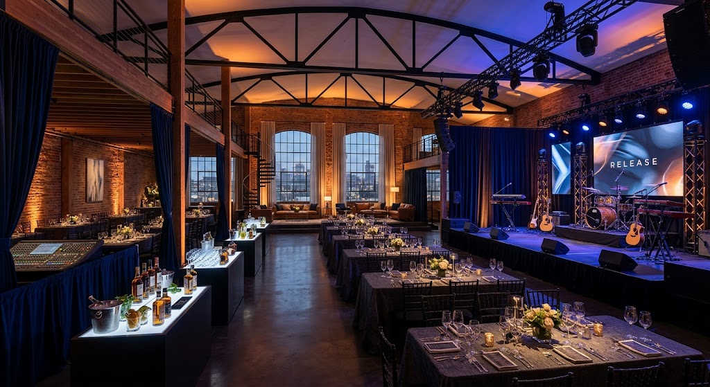 Wide shot of a high-end private event space set for a private hip hop performance, the upscale invitation-only setting where host liability and alcohol exposure concentrate